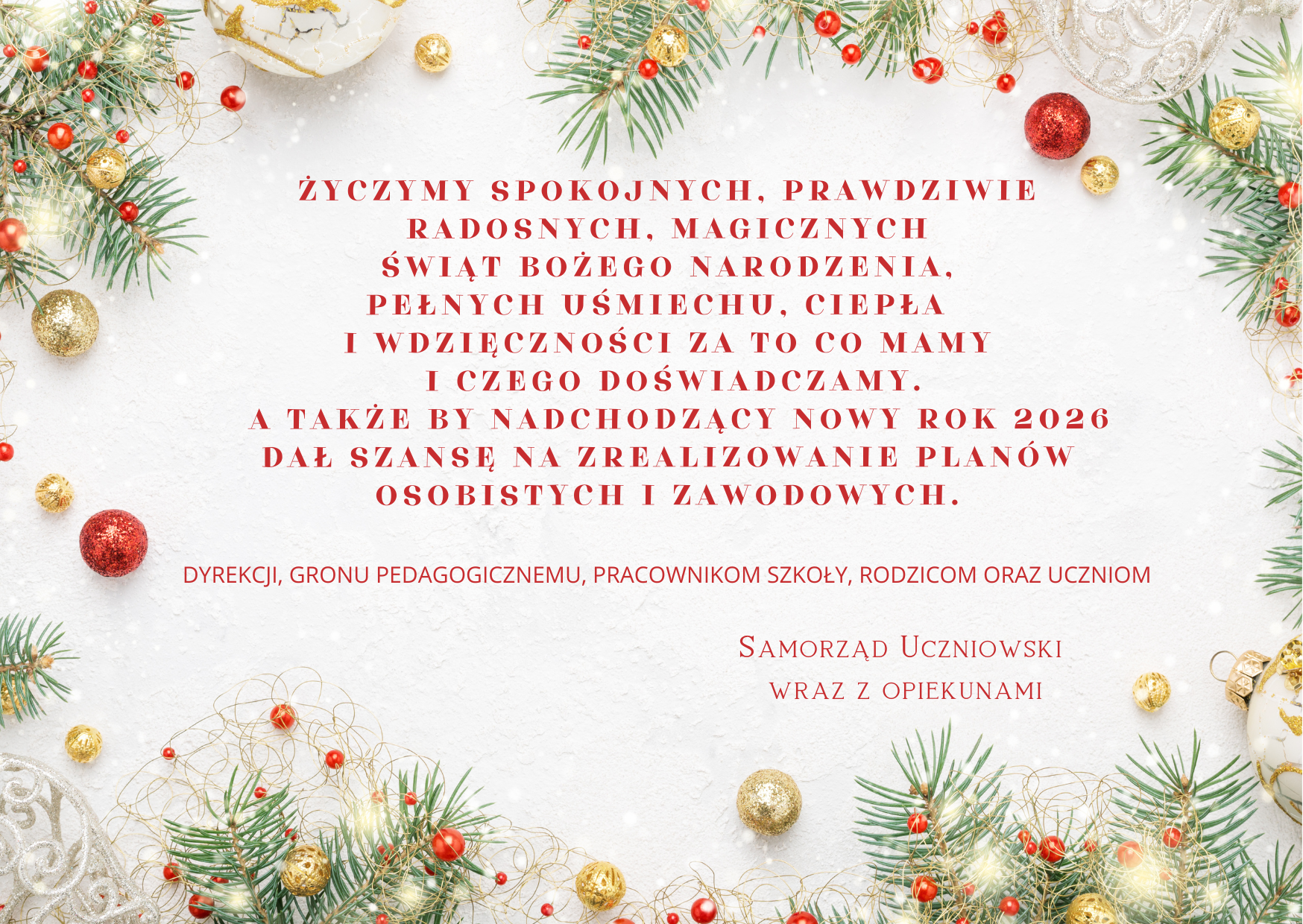 Życzymy spokojnych, prawdziwie radosnych, magicznych Świąt Bożego Narodzenia, pełnych uśmiechu, ciepła i&nbsp;wdzięczności, za to co mamy i&nbsp;czego doświadczamy- i&nbsp;chwile między bliskich i&nbsp;przyjaci&oacute;ł- A 