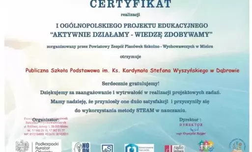 Zdjęcie do Uczniowie z Dąbrowy w og&oacute;lnopolskim projekcie &bdquo;Aktywnie działamy &ndash; wiedzę zdobywamy&rdquo;.
